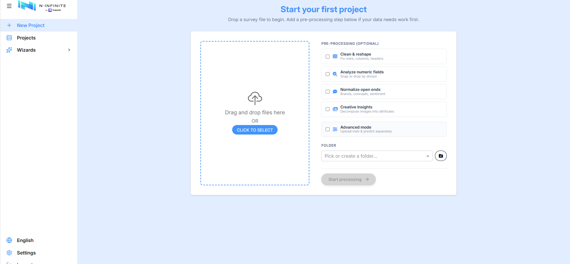 New project screen
