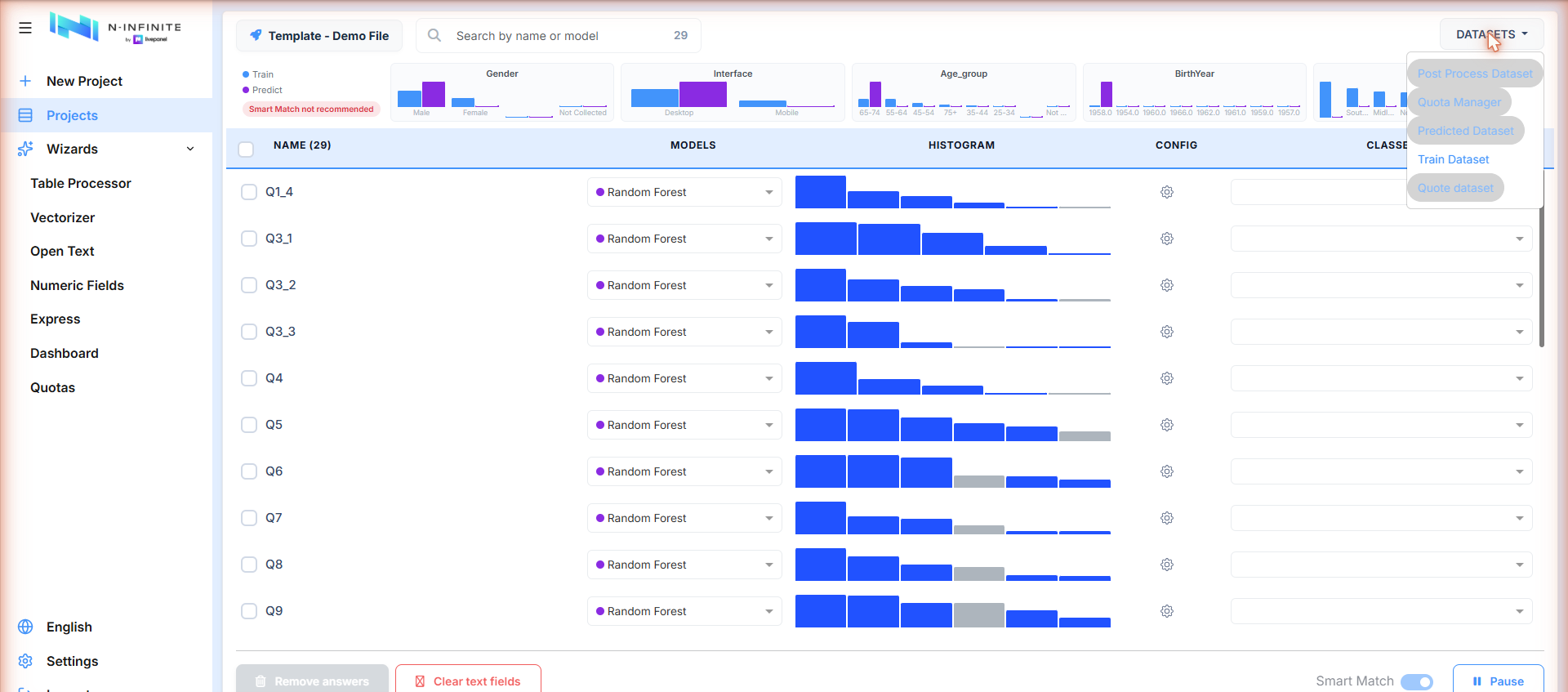 Datasets menu